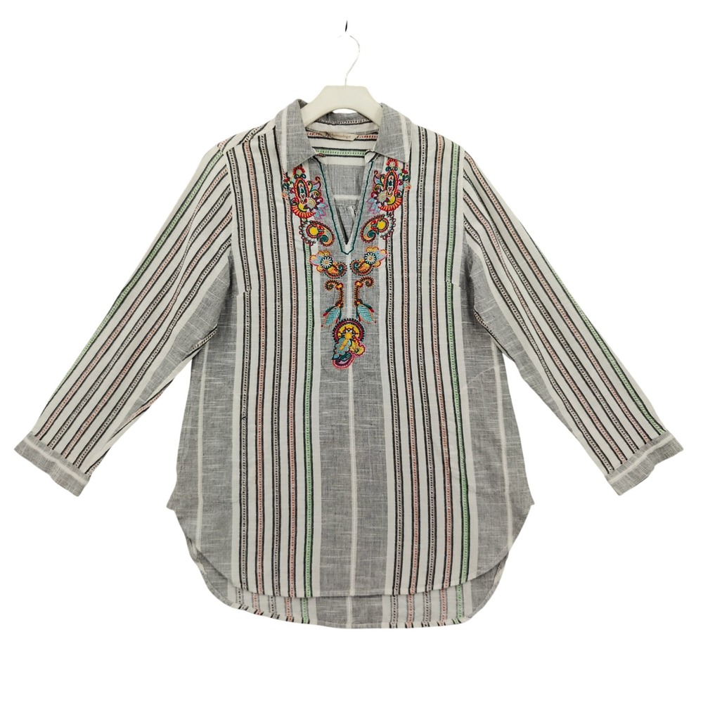 Soft Surroundings Womens Boho Coastal Tunic Top Gray White Striped Embroidered M